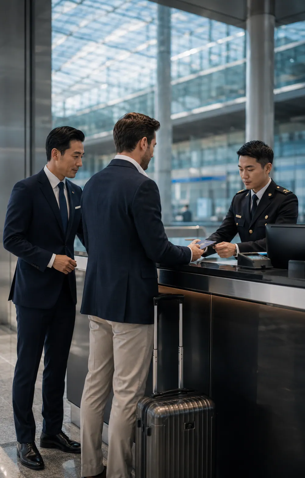 Two travellers at the priority immigration counter at Suvarnabhumi, assisted by an A+2 concierge.