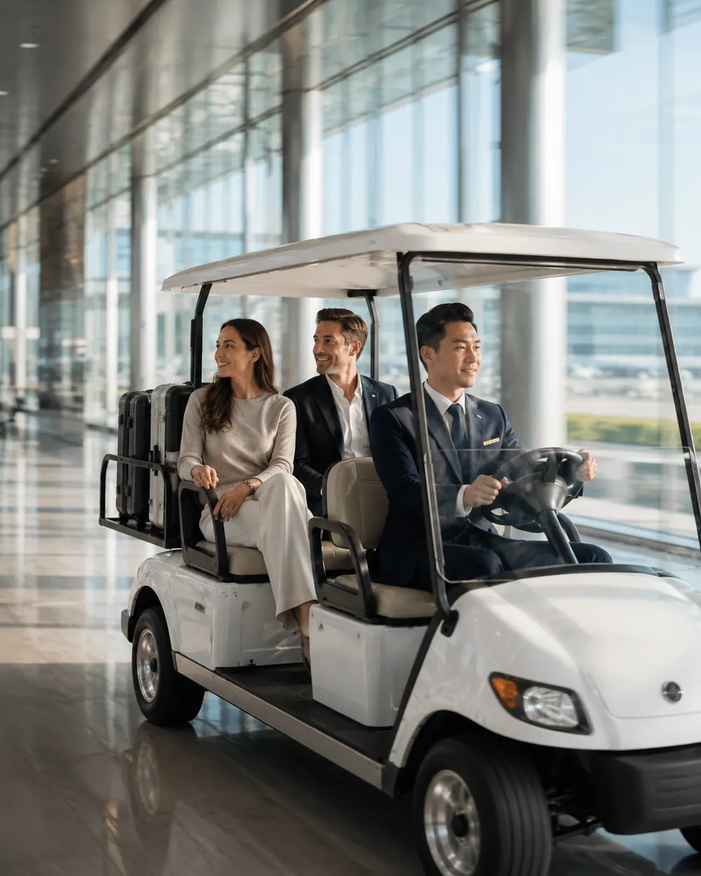 An A+2 concierge driving guests through the terminal in an electric cart.