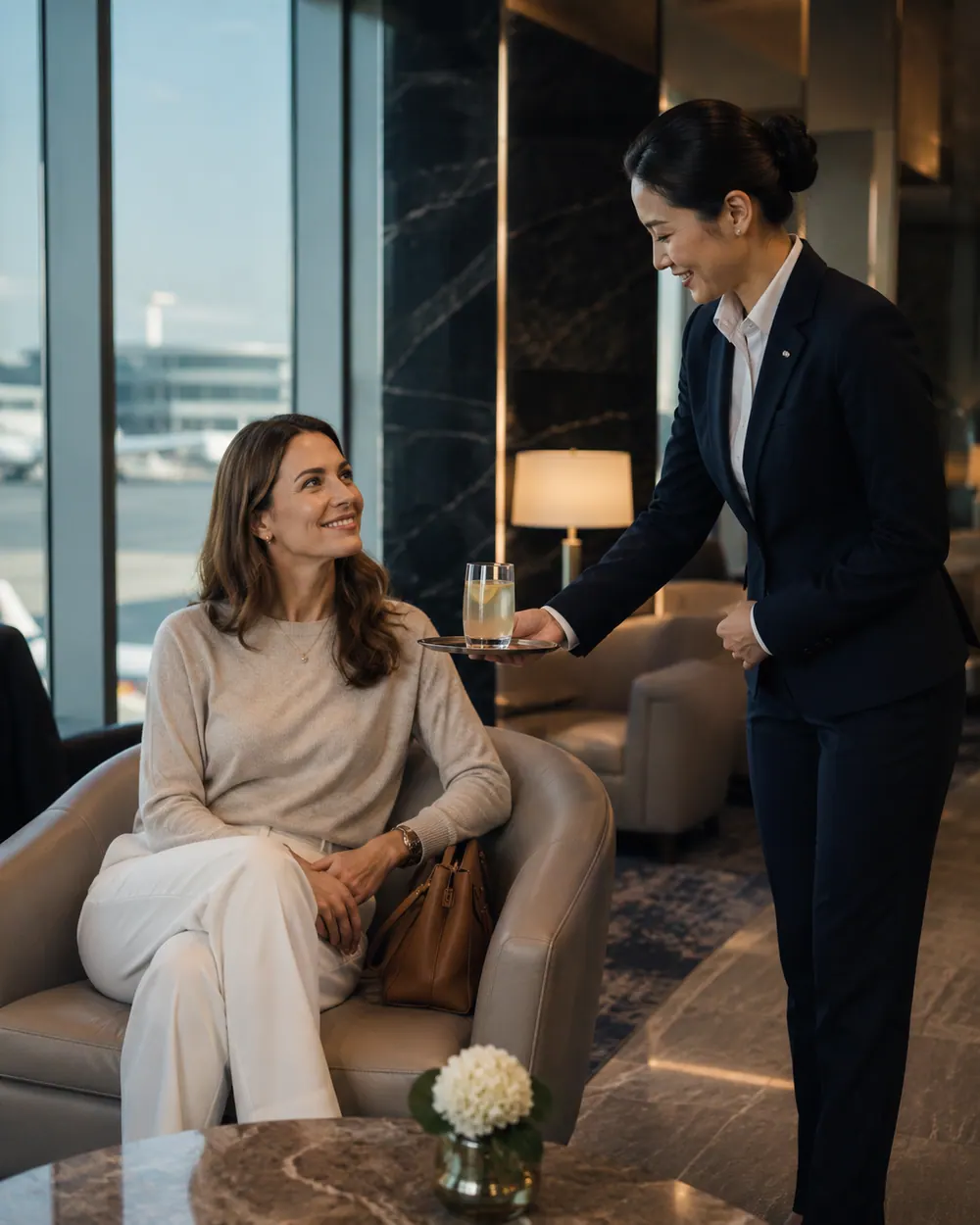 An A+2 concierge serving a guest in an airport lounge.