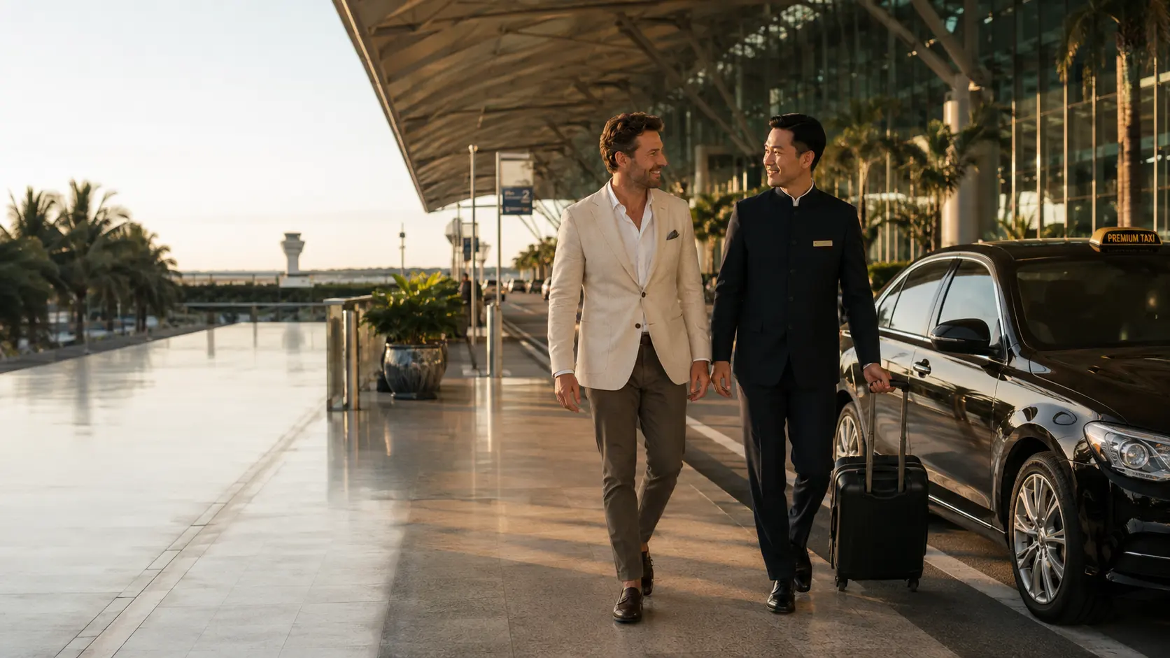 Un couple quitte le terminal de l'aéroport de Bangkok au coucher du soleil, accompagné vers son transfert privé.