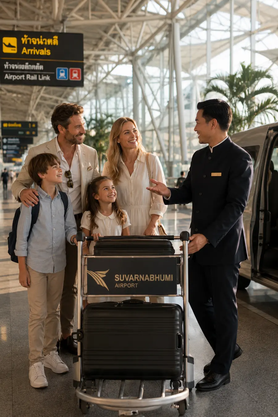 Une famille est accueillie à sa descente d'avion par un agent A+2 dans le hall des arrivées de l'aéroport de Bangkok.