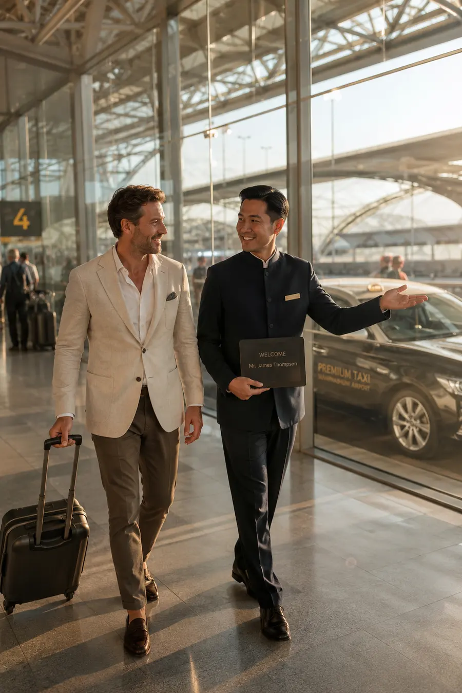 Un chauffeur privé A+2 accompagne un voyageur et sa valise à la sortie du terminal de l'aéroport de Bangkok, berline à l'arrière-plan.