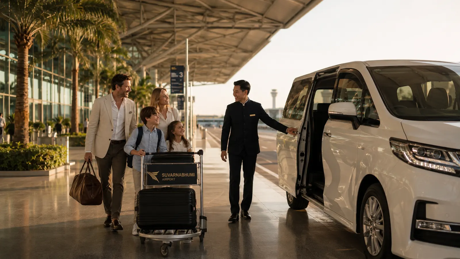 Un chauffeur privé ouvre la portière d'un van blanc pour une famille devant le terminal de l'aéroport de Bangkok.