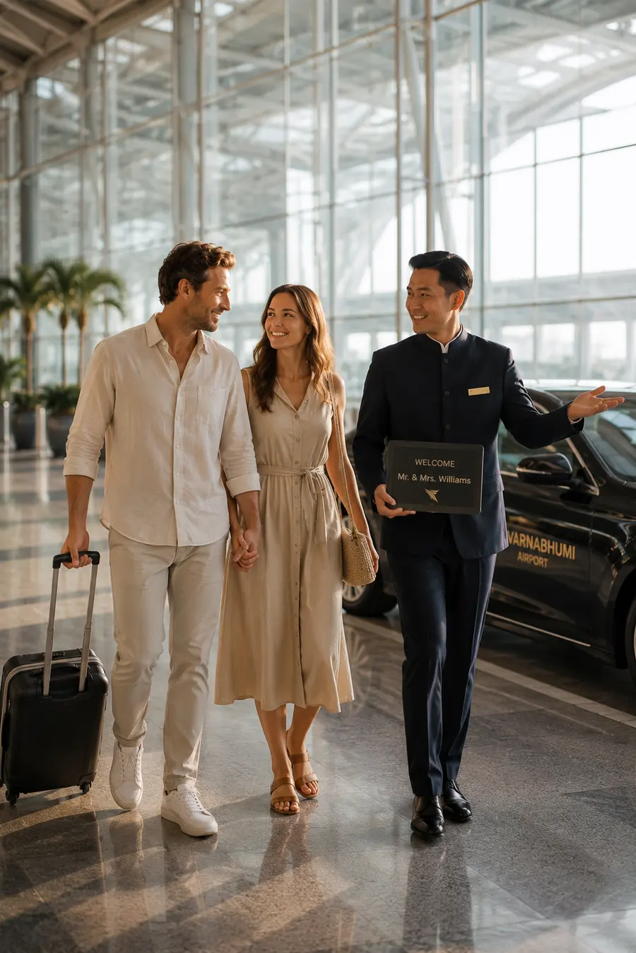 Un chauffeur privé accueille un couple avec une pancarte nominative dans le hall de l'aéroport de Bangkok.